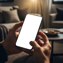 Close up of hands holding a modern smartphone mockup with a blank white screen displaying a digital interface for communication or browsing in a dimly lit cozy living room setting