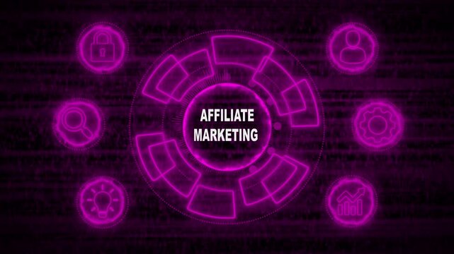 Glowing Neon line AFFILIATE MARKETING business and technology concept. Financial success concept on virtual screen. Business, Technology, Internet and networking concept. 4k video noise background.