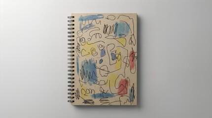 Abstract sketchbook with colorful doodles in blue, yellow, red, and black ink on a textured brown cover, positioned on a light gray background with copy space
