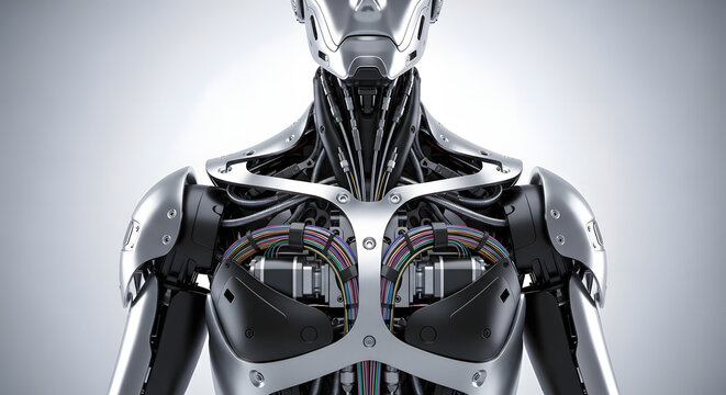 The intricate, metallic torso of a humanoid robot, revealing complex wiring and advanced mechanical components inside.