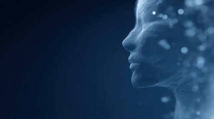 Obraz premium Futuristic AI visualization: low-poly wireframe human profile, abstract humanoid head, digital technology theme, blue background