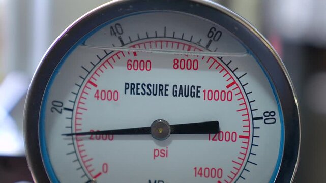Close up of the dial on an air pressure gauge, with pressure building from 0 to 4000psi and then suddenly back to 0.