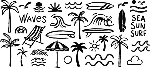 Black and white beach icons set with palm trees, surfboards, and beach chairs, minimalist summer design elements with bold lines © Vector Classic 