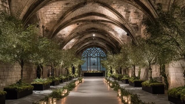 Long vaulted interior with trees and candles. An arched ceiling leads towards a window with a pattern