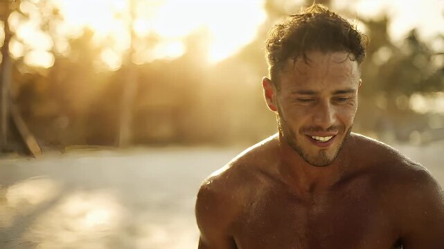 Cardio sports exercise, healthy lifestyle. A shirtless man standing on a beach at sunset, his face illuminated by the warm, golden light of the setting sun. The background is slightly blurred.