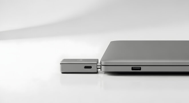 A sleek gray USB-C hub is securely connected to a modern gray laptop on a minimalist white surface.