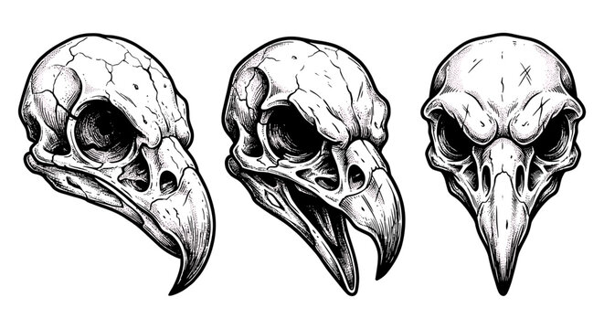 Three detailed illustrations of bird skulls, each displaying different angles and features.