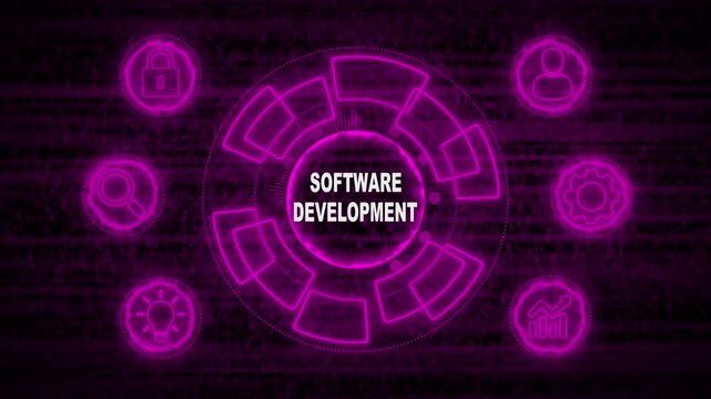 Glowing Neon line SOFTWARE DEVELOPMENT business and technology concept. Financial success concept on virtual screen. Business, Technology, Internet and networking concept. 4k rendering video...