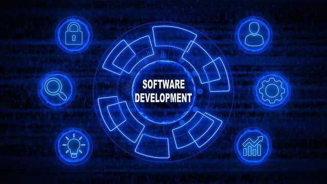 Glowing Neon line SOFTWARE DEVELOPMENT business and technology concept. Financial success concept on virtual screen. Business, Technology, Internet and networking concept. 4k rendering video...