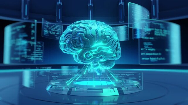 3D render futuristic digital brain glowing blue energy floating code screens. Artificial General Intelligence AGI concept machine learning neural network deep learning technology.