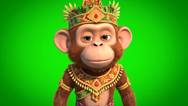 Colorful animated monkey character wearing traditional attire with decorative crown on vibrant green background for storytelling entertainment