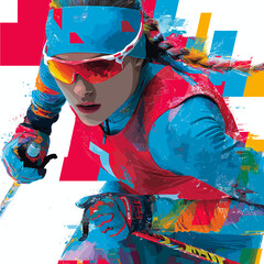 Cross-country skiing graphic art effect poster. Cross-country skiing dynamic multicolor graphic wallpaper or banner
