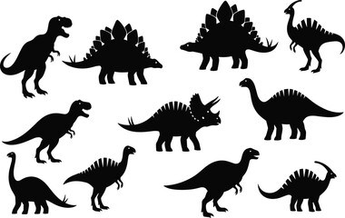 Dinosaur silhouette icon set, prehistoric animals collection, tyrannosaurus stegosaurus triceratops shapes, black isolated vector illustration bundle pack design graphic artwork © MstMousumi