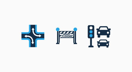 Fototapeta premium Traffic icons: intersection, road closure barrier, and traffic lights with cars, representing transportation and road management.