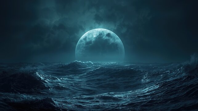 Moonlit Ocean Tides at Night with Full Moon Reflections and Calm Waves Under a Dark Sky photo