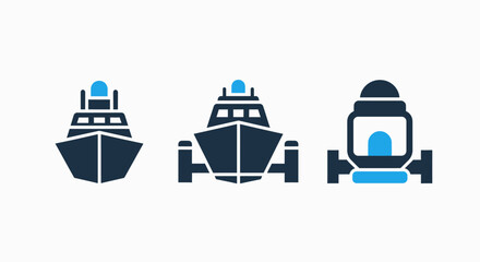Ship icons in front view and side profile, depicting maritime vessels and naval architecture for sea transport and logistics.