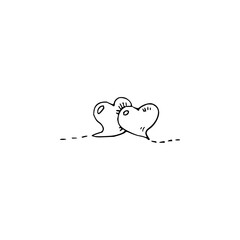 Two hand-drawn, stylized hearts connected by a dashed line, suggesting a bond or relationship, presented in a simple doodle style on a white background
