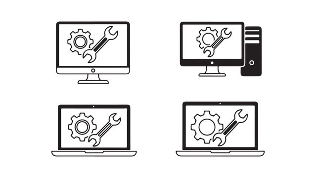 Flat Design Gear and Tools Vector Illustration on Desktop and Laptop Screens for Tech and Business
