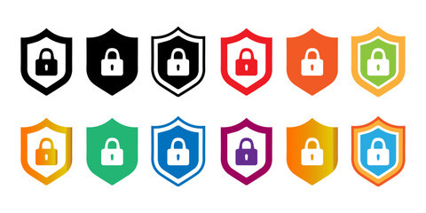 Colorful Security Shield Icons Set with Padlocks: Digital Protection and Data Privacy Symbols