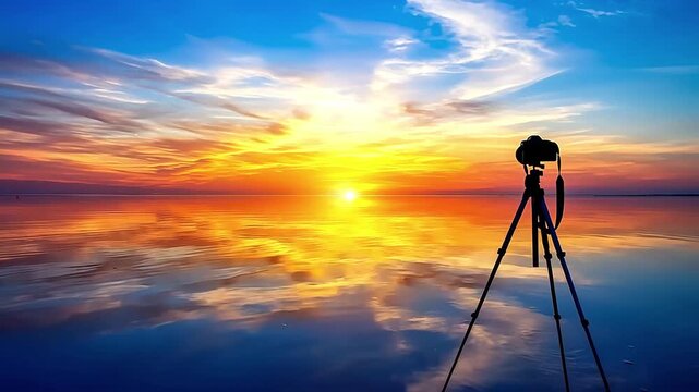 DSLR camera on a tripod filming a spectacular golden sunset over a calm lake.