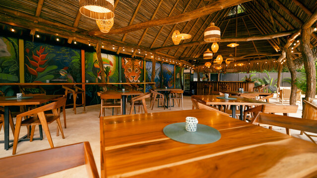 Open air restaurant featuring a thatched roof, wooden furniture, and vibrant murals depicting rainforest animals and plants