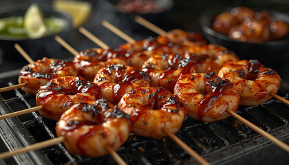 Delicious grilled shrimp skewers with savory sauce on a barbecue grill outdoors
