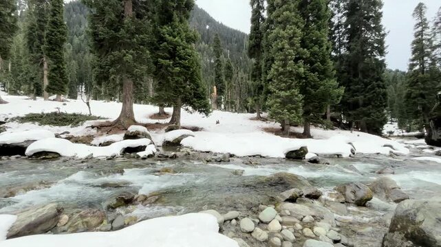 Scenic natural beauty of Chandanwari Valley featuring rocky landscapes, flowing streams, snow patches, and majestic Himalayan mountains near Pahalgam, Kashmir.