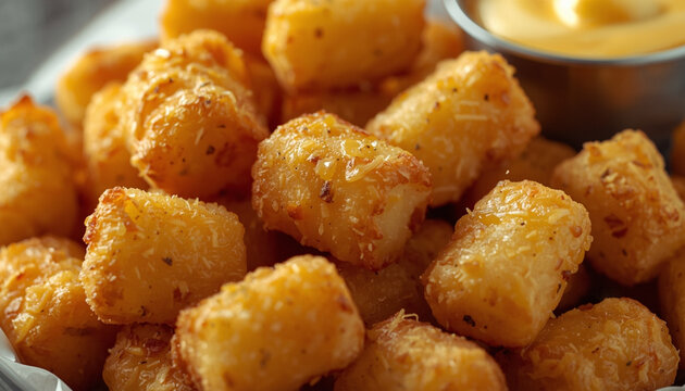 Crispy golden tater tots with cheese sauce for dipping side dish