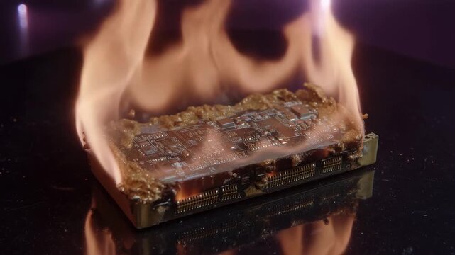 a lithium battery violently engulfed in flames, positioned centered on a dark reflective surface; the battery pack is partially melted and defo 4K