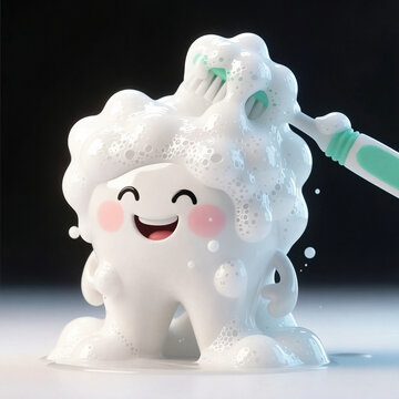 Muela animada cubierta de espuma de dent&iacute;frico mientras un cepillo limpia su cabeza, concepto educativo sobre higiene dental diaria, cepillado correcto y cuidado bucal infantil en estilo 3D amigable.