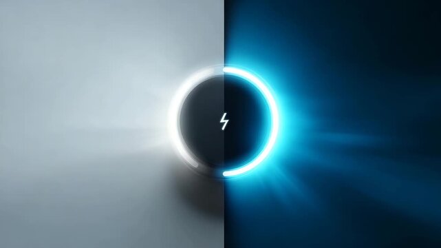 Abstract split background with glowing battery symbol in center, energy transition concept, power storage technology, clean electricity, futuristic charging icon, minimal modern design, copy space.
