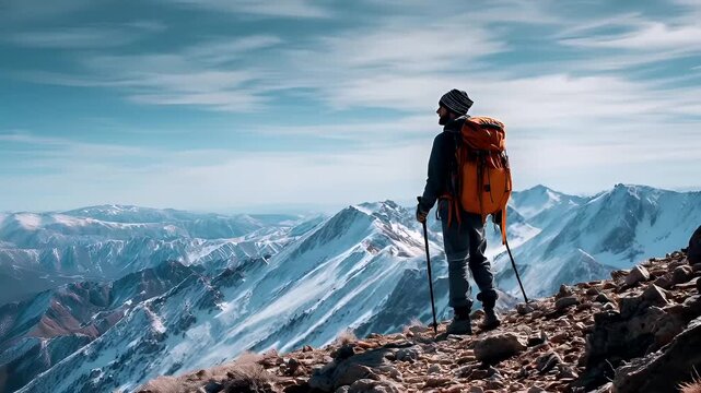 Explore adventure journey achievement outdoor in National Park. A person with a backpack and trekking poles standing atop a rocky mountain ridge, surrounded by snowcapped peaks and a clear blue sky.