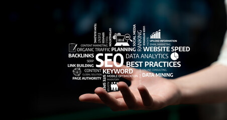 An engaging image of a hand reaching out presenting various SEO concepts and digital marketing...