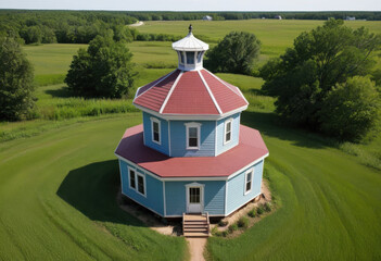 Octagon house in Wisconsin, eight-sided design, cupola, victorian details, midwest farmland