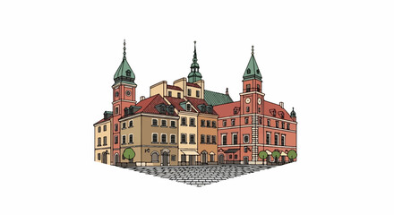 Obraz premium Colorful illustration of a historic European city square with ornate buildings and cobblestone streets