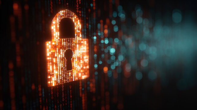 Abstract digital representation of cybersecurity lock with binary code concept