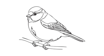 Hand drawn outline illustration of a small songbird perched on branch