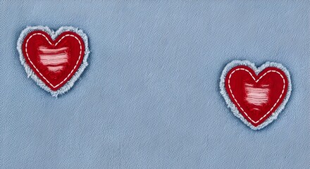 Fototapeta premium Red embroidered hearts on light blue fabric, Valentine's Day patch or appliqué, for mockup or overlay effect