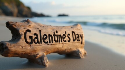Driftwood sign with "Galentine's Day" carved letters washed ashore, beachcomber treasure aesthetic, rustic coastal discovery