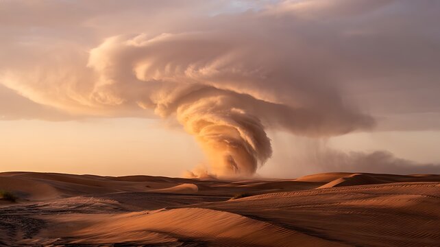 Swirling Desert Cloud: Dynamic Microburst or Dust Devil Over Golden Dunes at Sunset