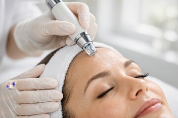 Naklejka premium Serene Woman Submits to a Microneedling Treatment, Enhancing Her Skin's Texture and Brightness in a Bright, Calming Spa Environment