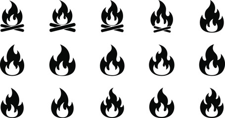 Collection of black flame icons with and without crossed logs on white background.