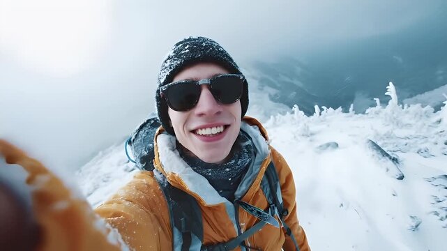 Explore adventure journey achievement outdoor in National Park. A person wearing a yellow jacket, black sunglasses, and a cap, pointing at something in the snow. The background is a pristine white.