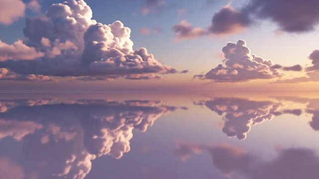 Cinematic video of dramatic clouds reflected on a mirror-like water surface during soft sunset light creating a surreal tranquil atmosphere.