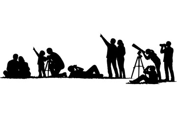 Silhouetted stargazers observing night sky with telescopes.