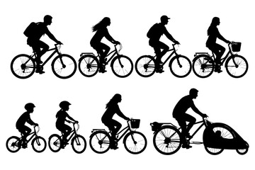 Fototapeta premium Silhouettes of diverse cyclists on bicycles: men, women, and children with varying bicycle types.