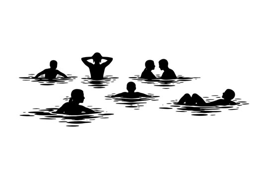 Silhouette of diverse people swimming in water.