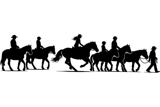 Silhouette of people riding horses: equestrian group on a scenic ride.