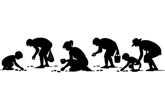 Silhouettes of diverse individuals on beach shell scavenging hunt.