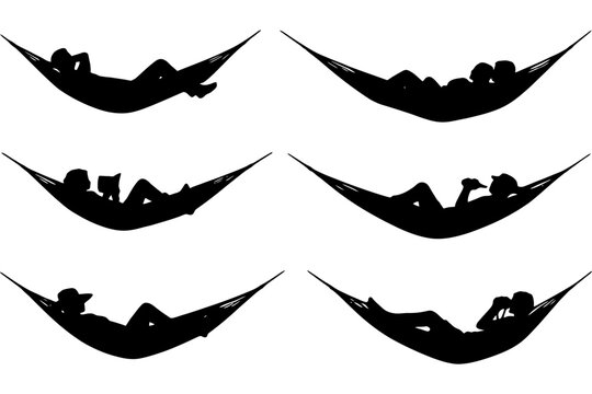 Silhouettes of people relaxing in hammocks in various poses.